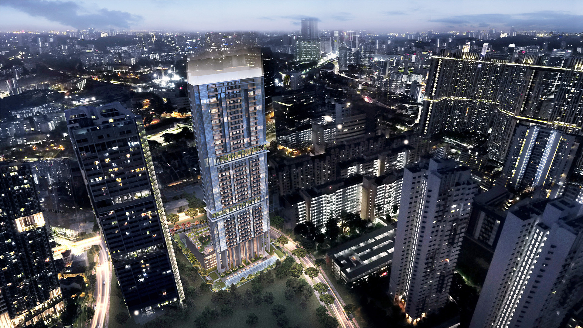 Sky Everton Singapore luxury apartments facade night view