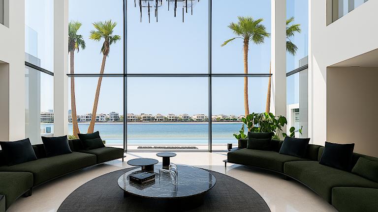 Luxury waterfront villa living room in Singapore.