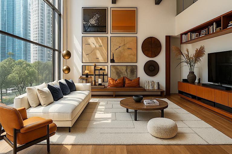 Stylish luxury apartment interior in Singapore with modern decor and city views