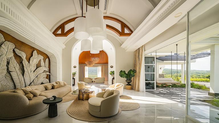 Elegant luxury villa interior with vaulted ceiling, artistic wall design in Singapore.