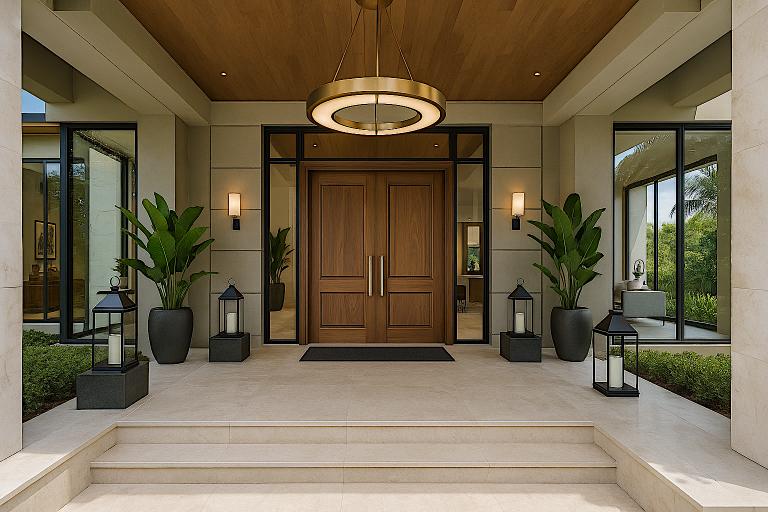 Luxury home entrance with wooden double doors and lantern decor