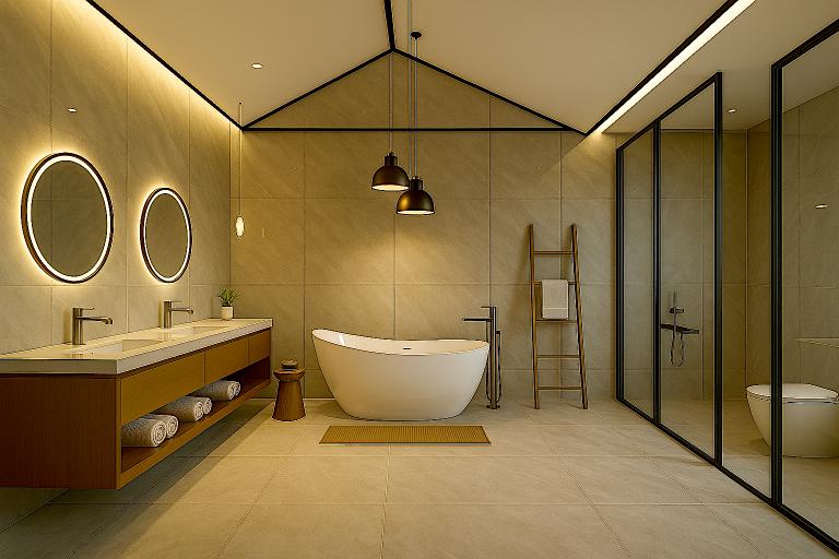 Luxury modern bathroom with freestanding tub in Singapore property