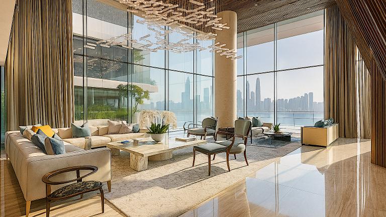 Elegant luxury living room in a high-end Singapore penthouse with skyline views.