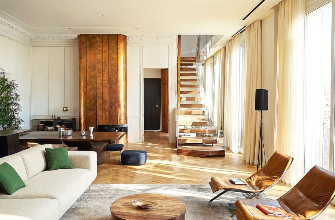 Elegant luxury apartment interior with wood accents in Singapore 