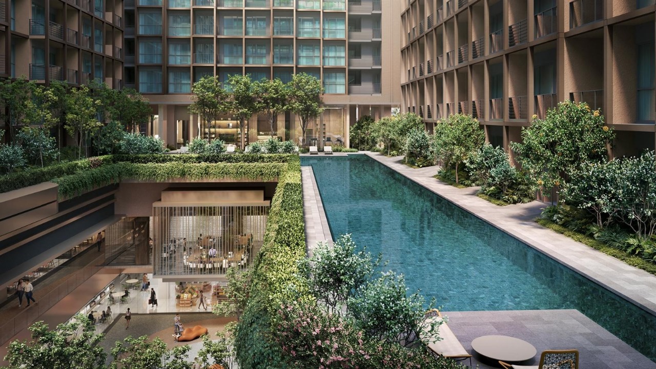Modern condo in Singapore with greenery and lap pool