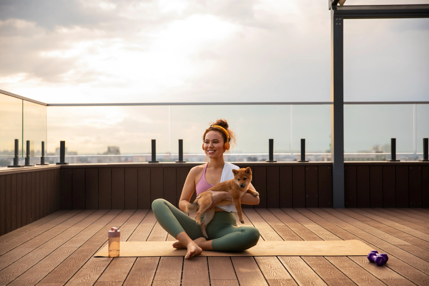 Woman doing rooftop yoga with dog in wellness-focused luxury property Singapore