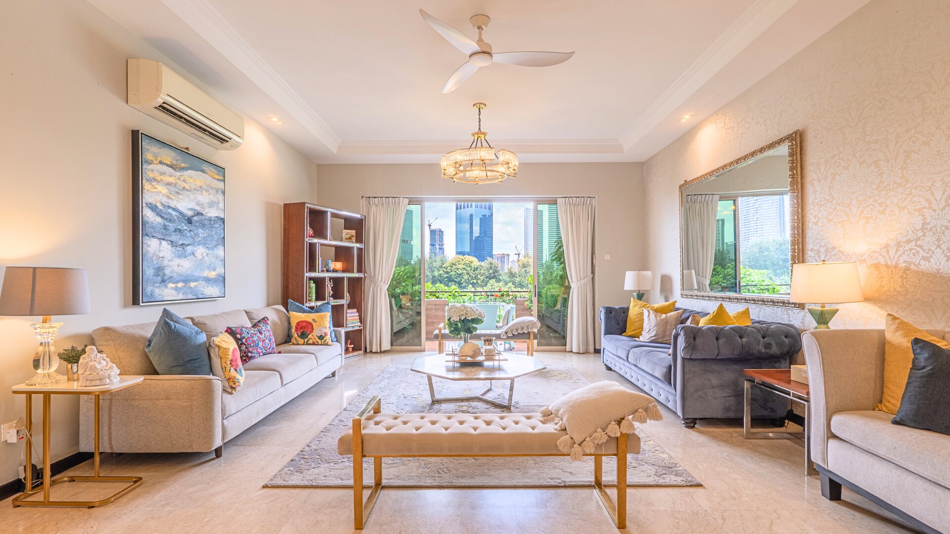 Wing On Life Garden Penthouse spacious living room with balcony and skyline views 