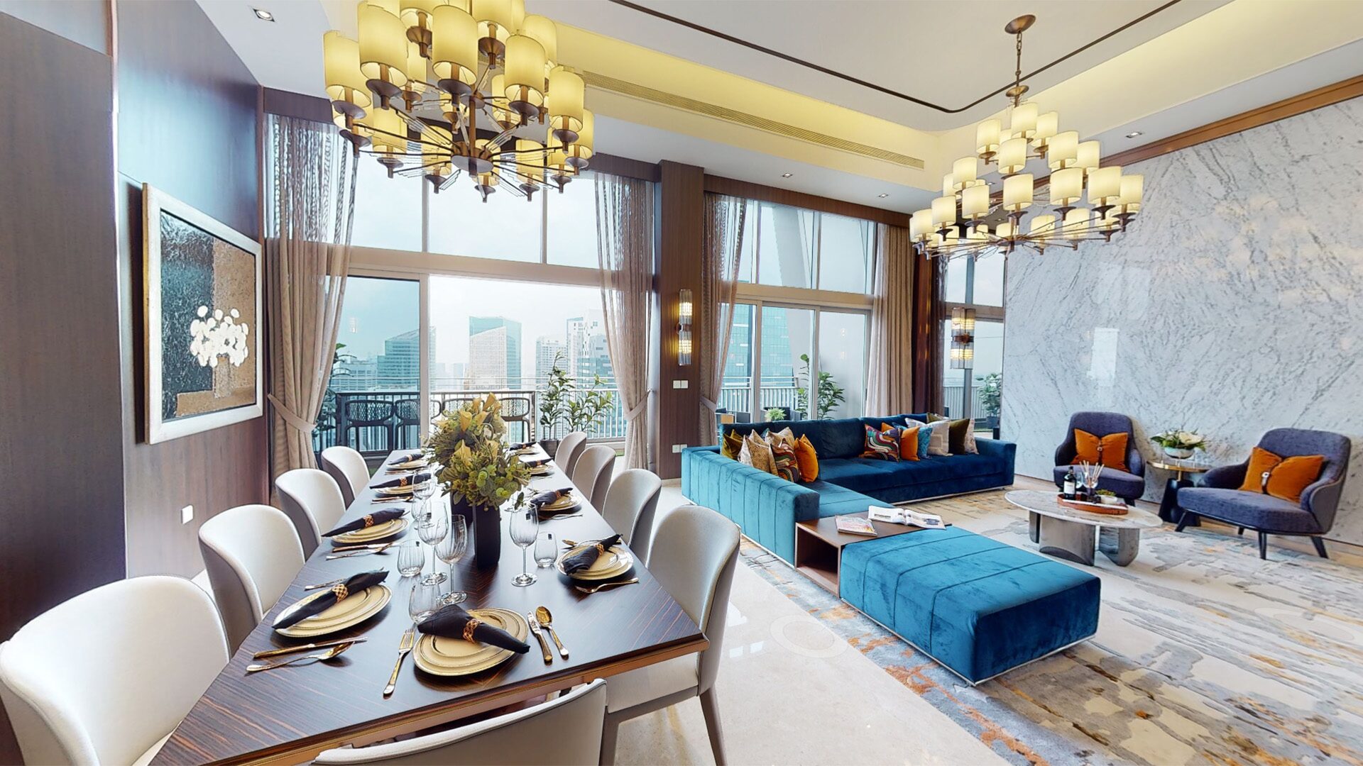 V On Shenton Penthouse with luxury chandelier, blue sofa and panoramic city views 
