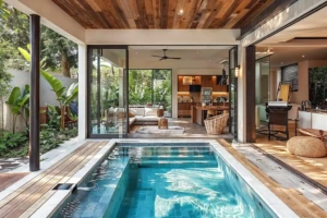 Luxury condo outdoor pool connected to an open living and dining space surrounded by greenery.