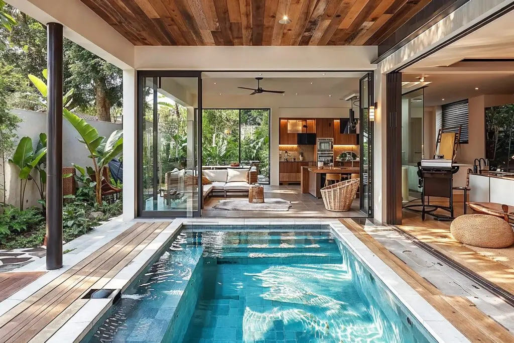 Luxury condo outdoor pool connected to an open living and dining space surrounded by greenery.