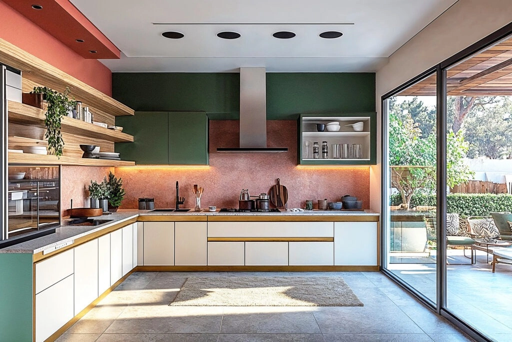 Contemporary open-concept kitchen with patio access and natural outdoor views.