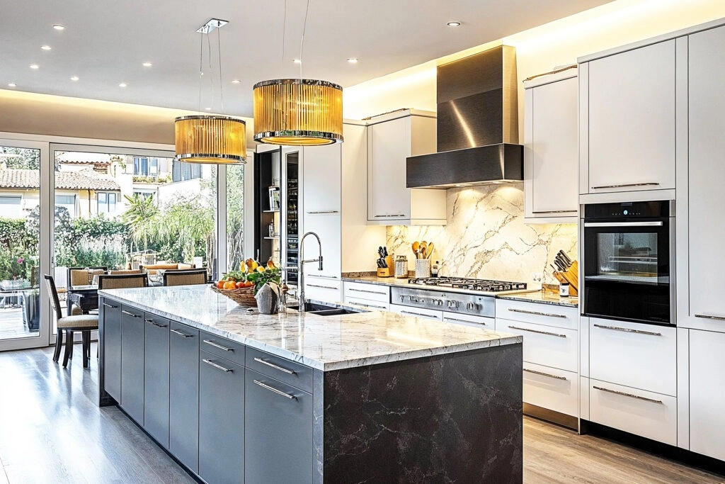 Modern luxury kitchen with marble island and high-end built-in appliances.
