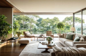 Luxury homes in Singapore with modern open-plan living rooms, floor-to-ceiling windows, and lush greenery views.