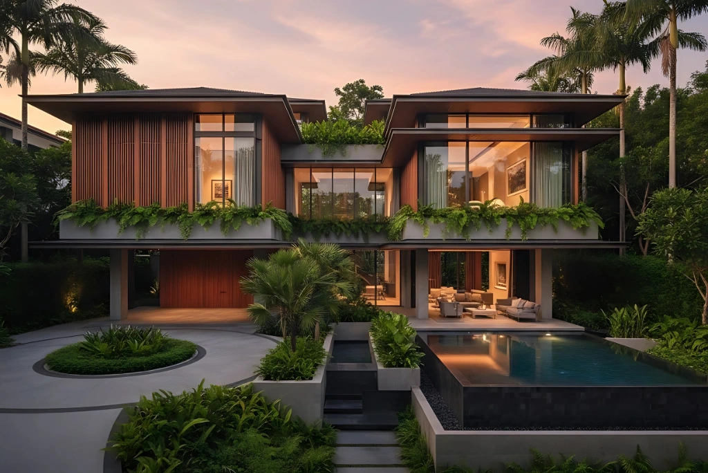 Modern luxury villa with private pool and landscaped garden in Singapore 