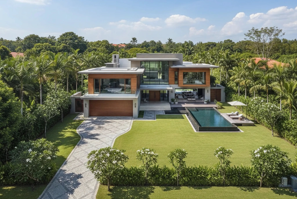 Contemporary landed home in Singapore with expansive garden and swimming pool 