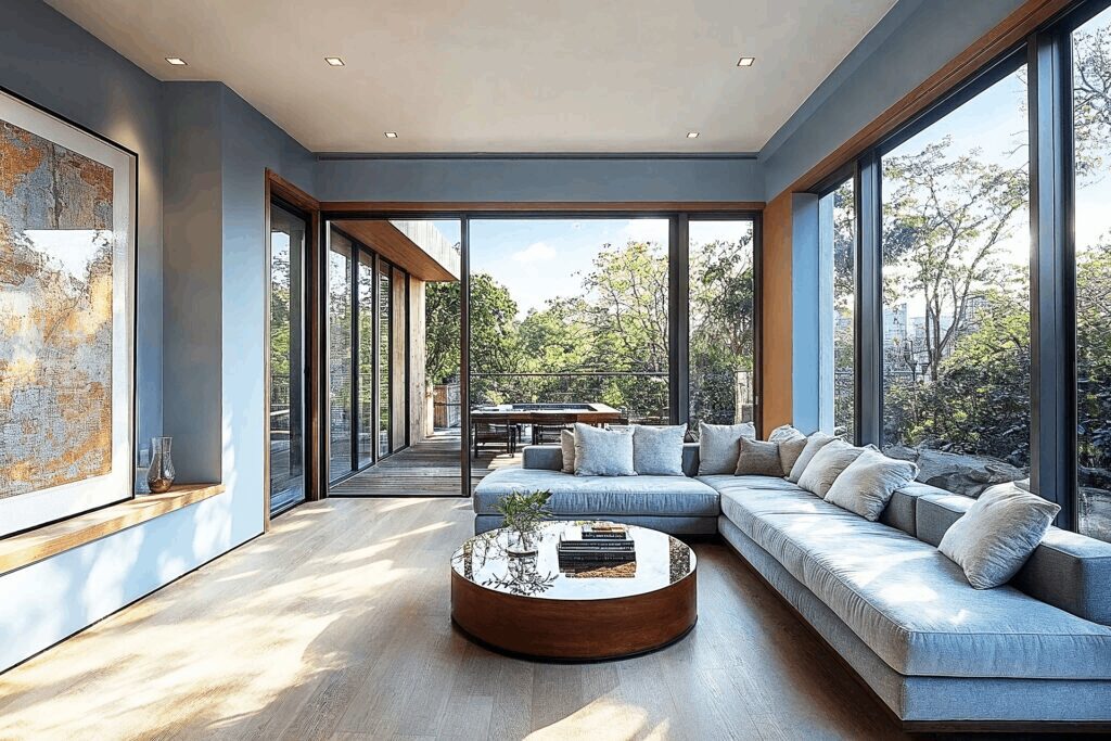 luxury home living room with large glass windows and balcony view in residential home