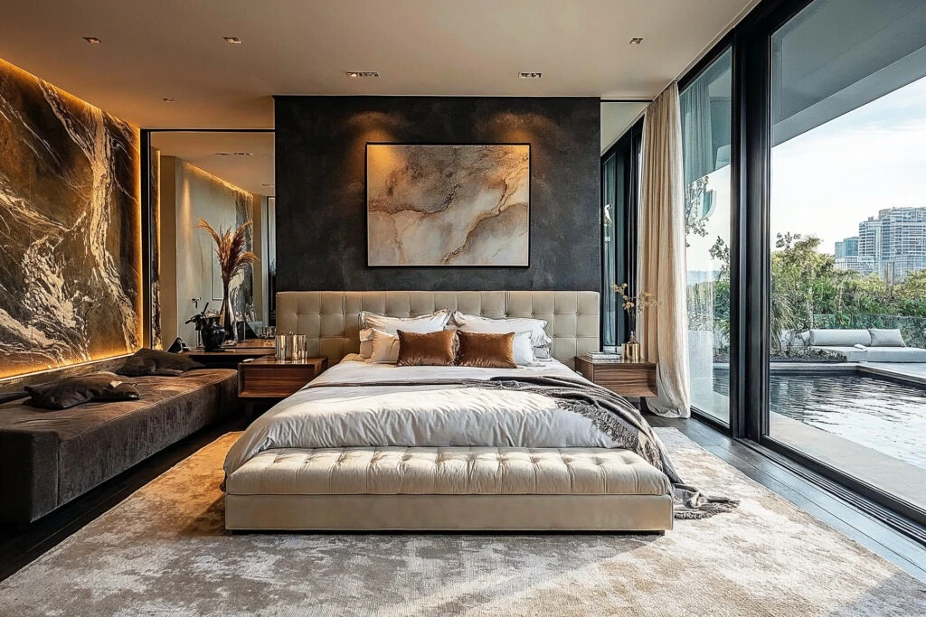 Elegant master bedroom in a luxury Singapore home with premium interiors and outdoor view