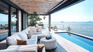 Modern Good Class Bungalow outdoor living space in Singapore with infinity pool