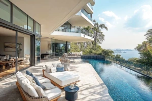 Modern luxury waterfront residence in Singapore with infinity pool and sea view