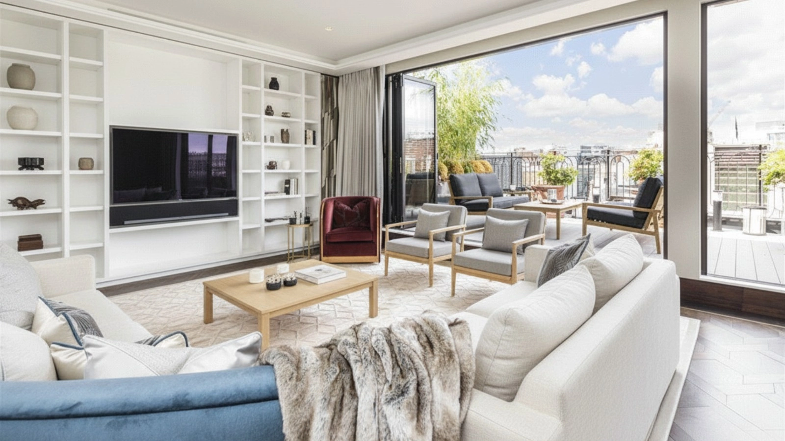 Luxury living room with terrace view at Nassim Triplex Penthouse Singapore