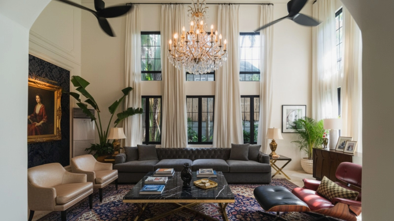 Grand double-height living room with chandelier in Nassim Triplex Penthouse