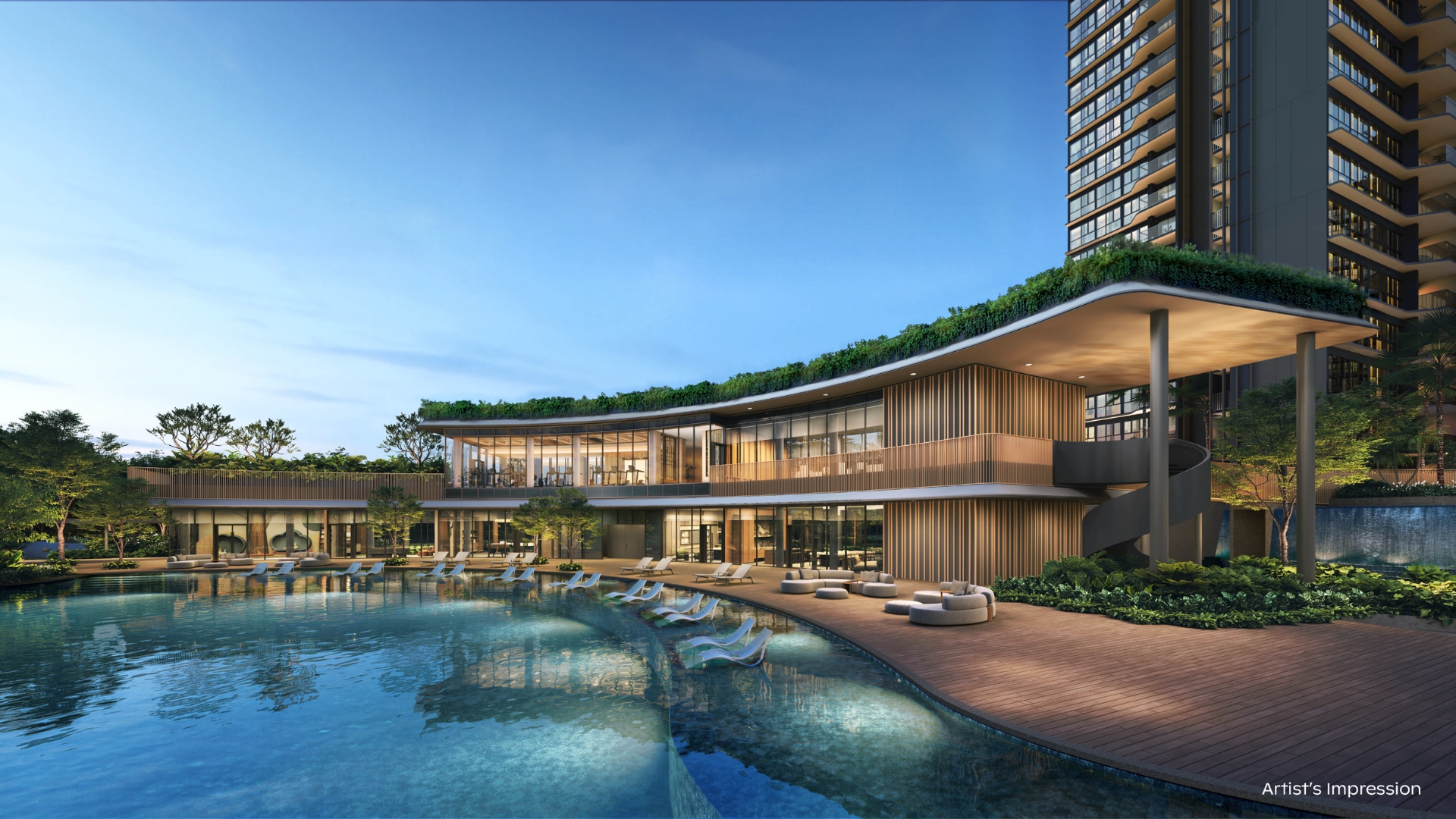 Thomson Reserve clubhouse with gym and sky-terrace roof overlooking the lap pool at dusk