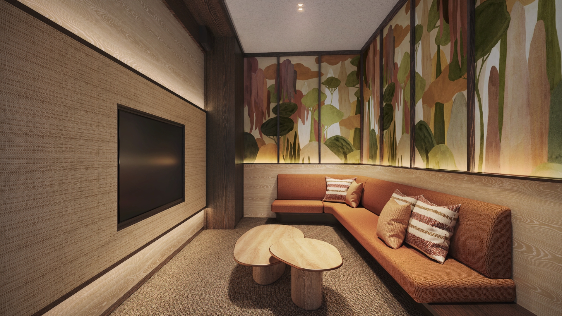 Entertainment room with large screen, banquette seating and forest mural at Thomson Reserve