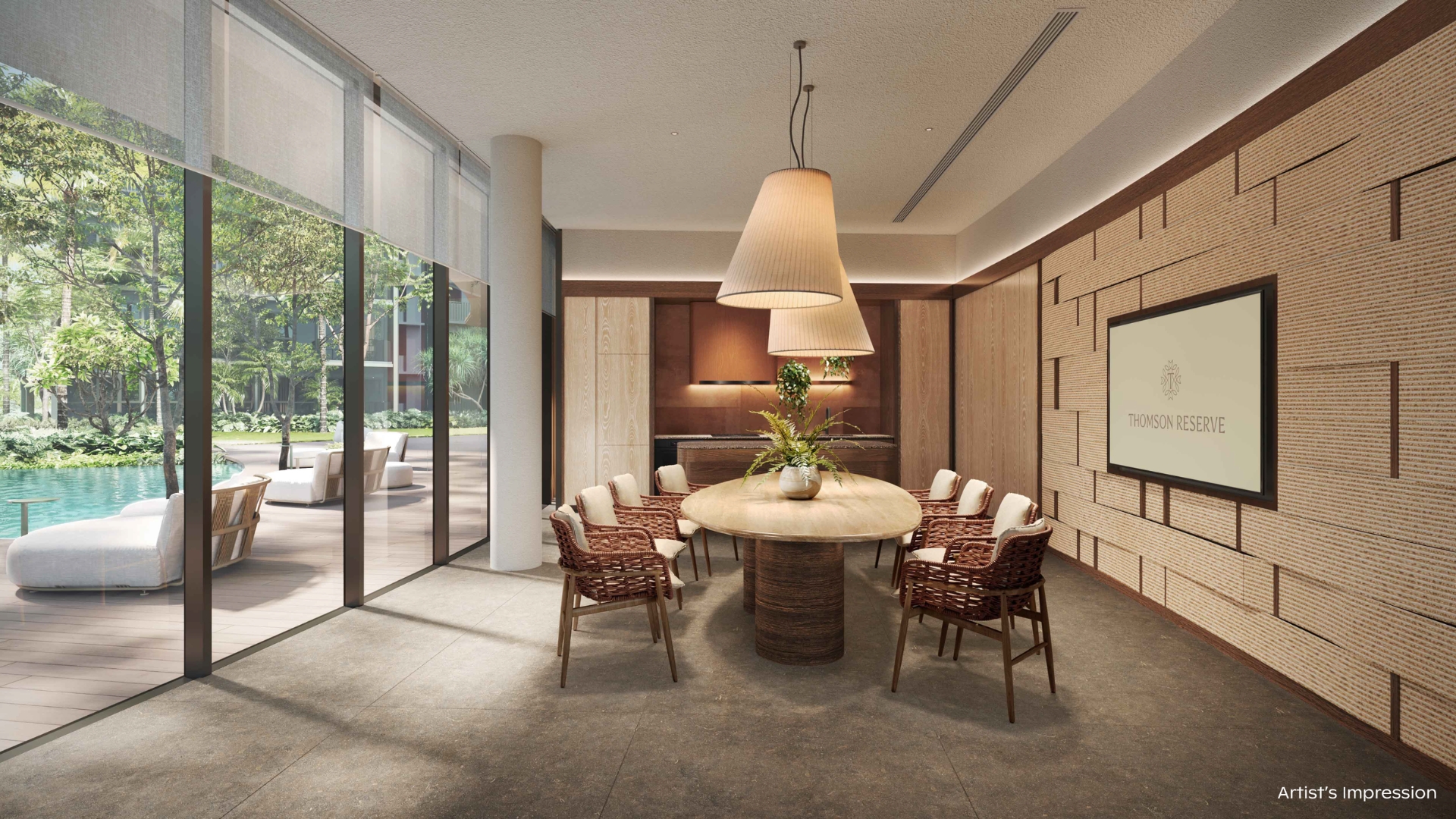 Private dining function room with kitchen and pool views at Thomson Reserve
