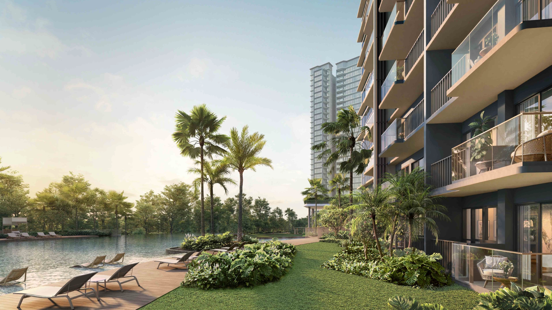 Ground-floor units with garden lawns facing the pool at Thomson Reserve