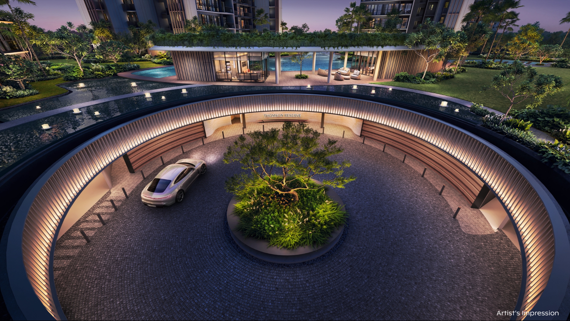Circular grand arrival drop-off with a feature tree at Thomson Reserve condominium