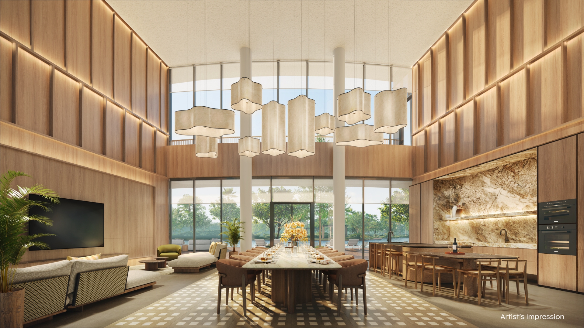 Double-volume Grand Function Room with long dining table and kitchen island at Thomson Reserve