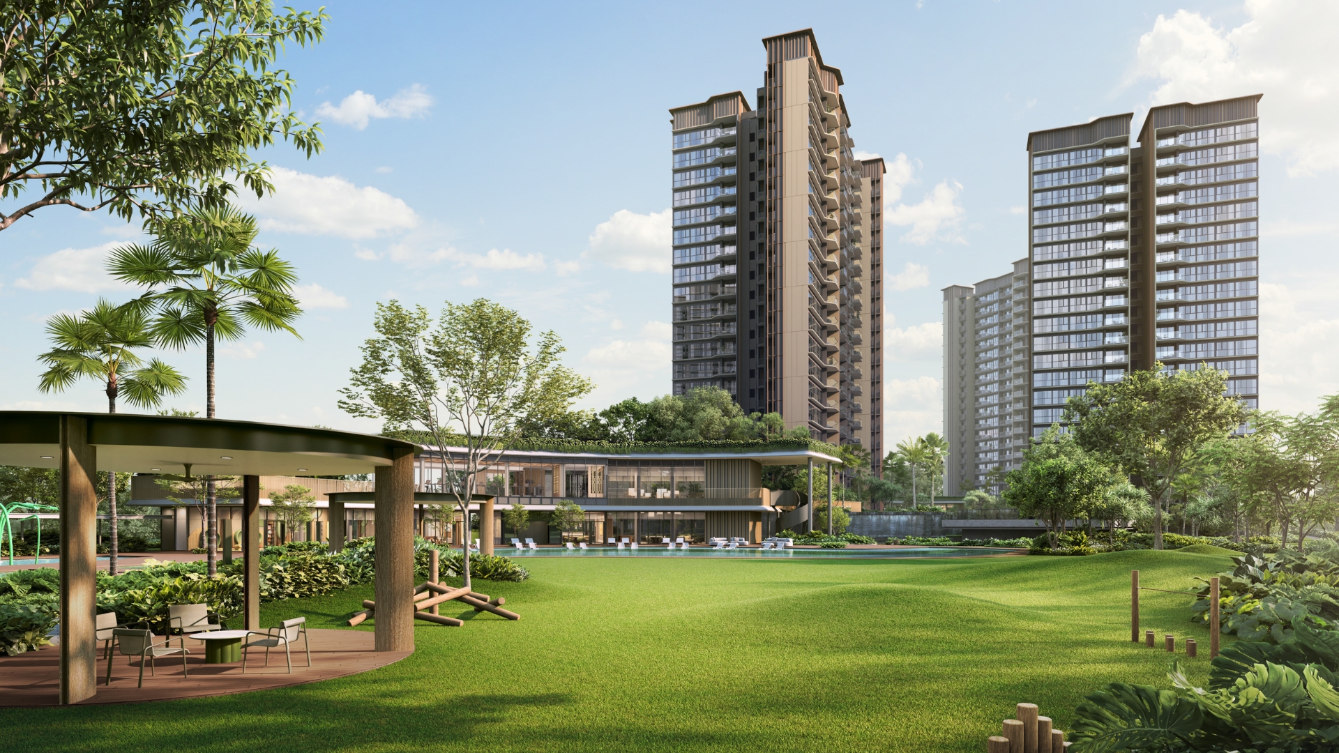 Grand Lawn with pavilion, clubhouse and towers at Thomson Reserve condominium