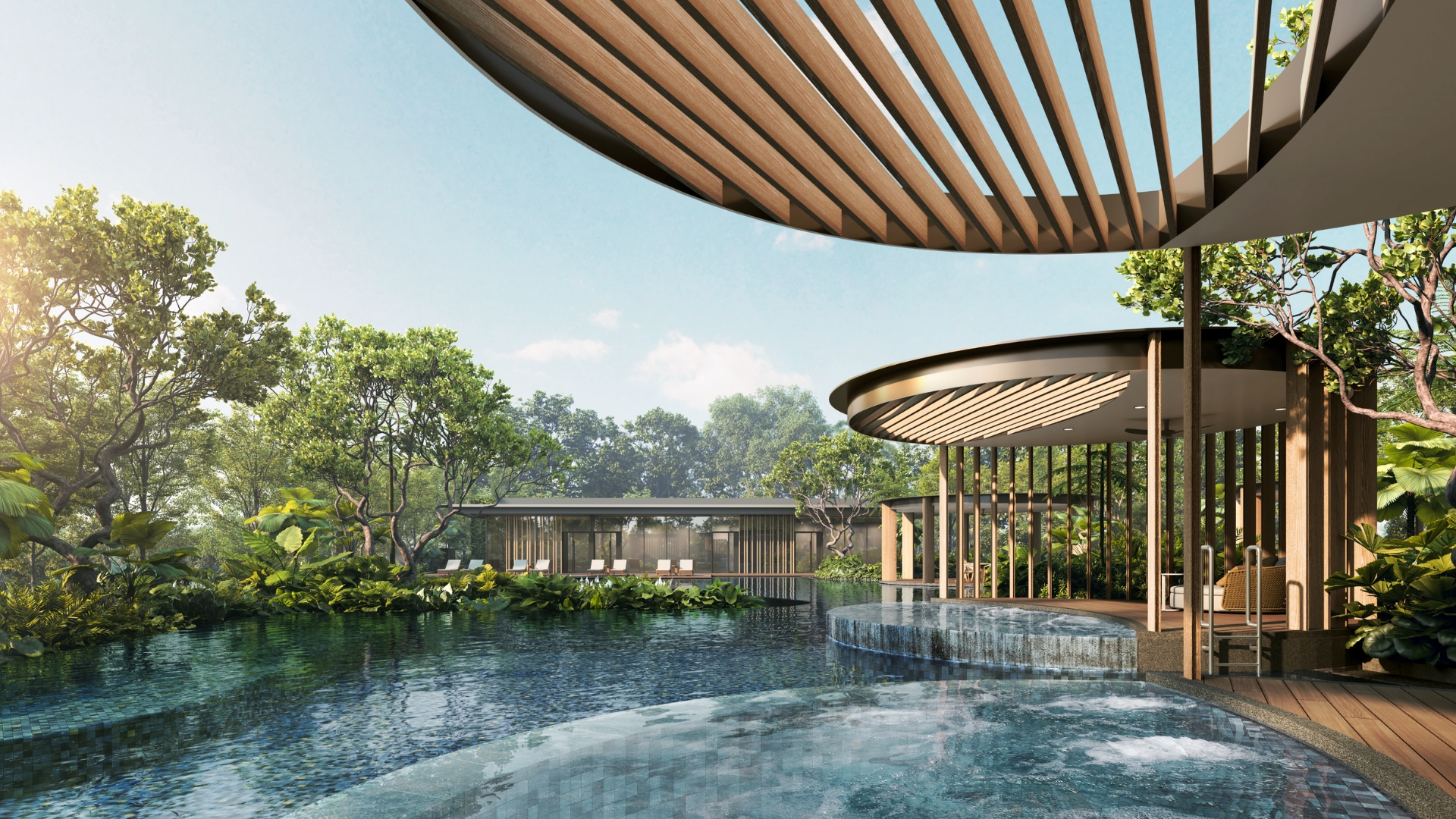 Hydro spa pool with a timber-slatted cabana at Thomson Reserve, Bright Hill Drive condo in District 20
