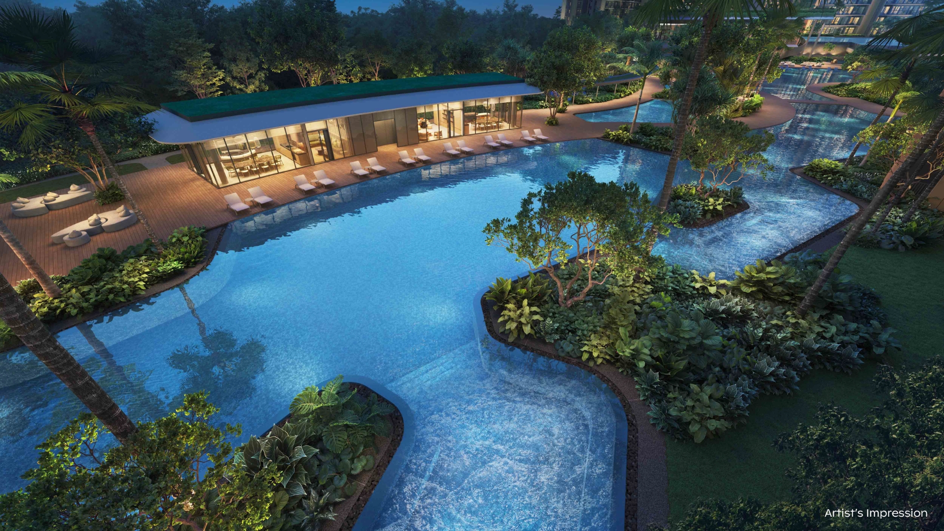 Aerial view of the Island Pool and function pavilion at Thomson Reserve at night