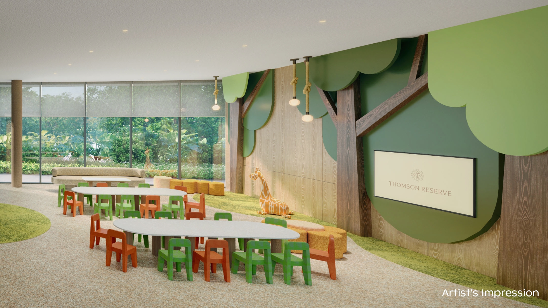 Kids' Function Room with low tables and tree-themed wall at Thomson Reserve condo