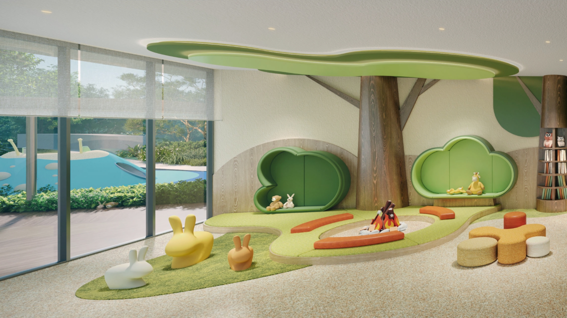 Forest-themed Kids' Play Room with tree feature and reading nooks at Thomson Reserve
