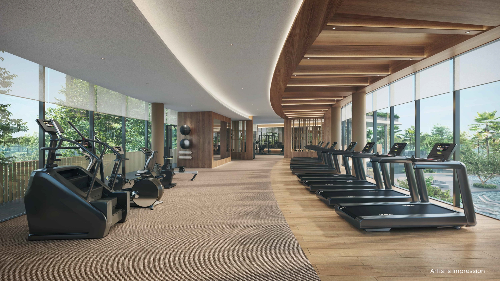 Main gym with treadmills and cardio equipment overlooking the pool at Thomson Reserve