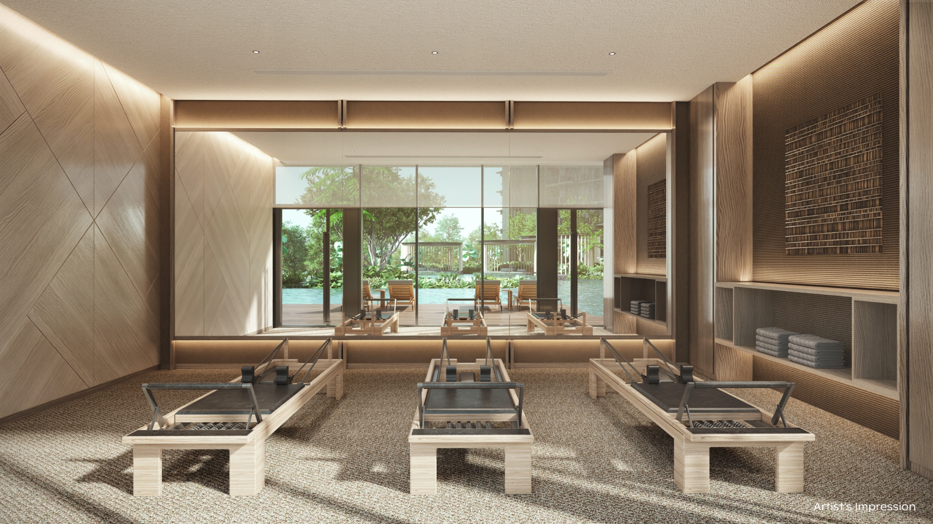 Pilates studio with reformer machines overlooking the pool at Thomson Reserve