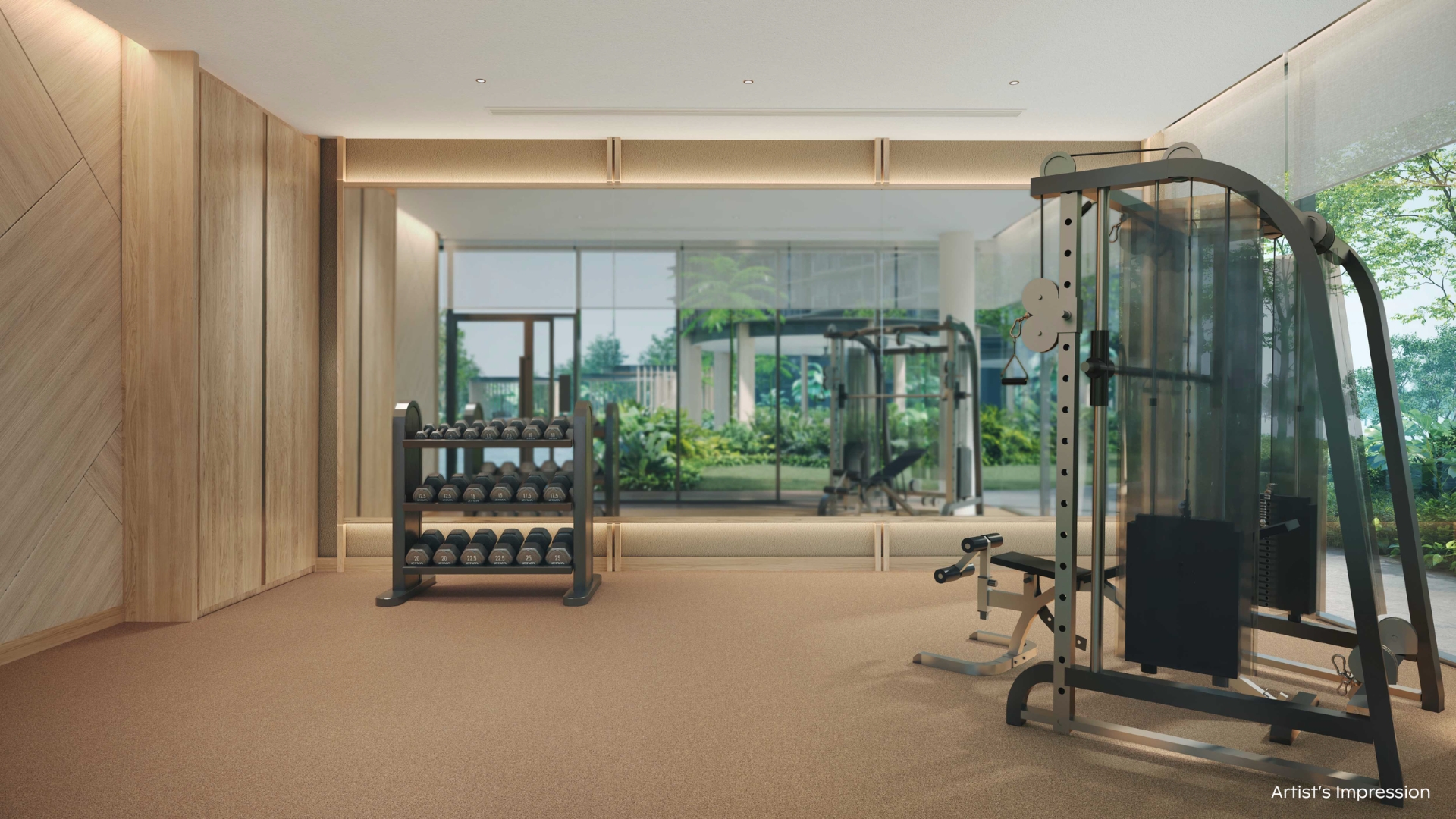 Private gym with dumbbell rack and cable machine at Thomson Reserve condominium