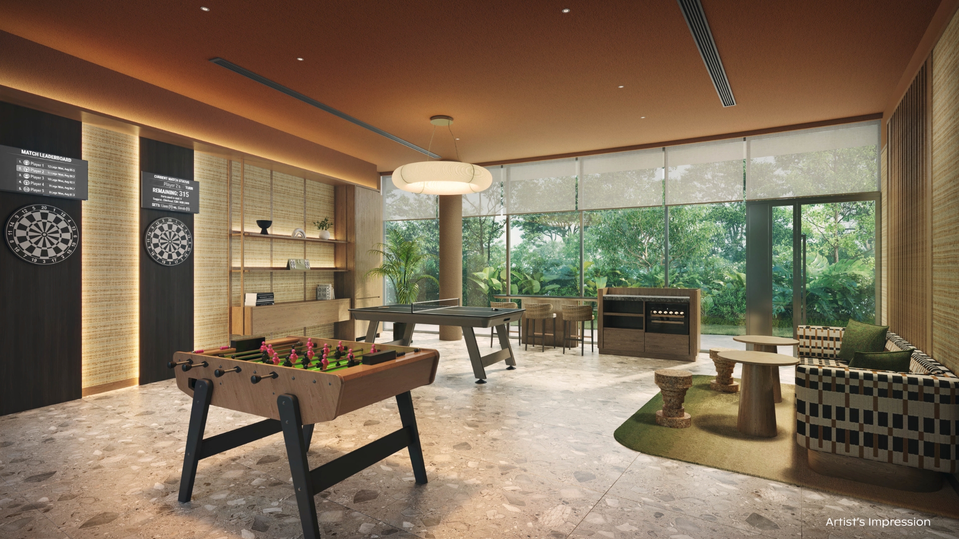 Recreation room with foosball, ping pong and darts at Thomson Reserve condo