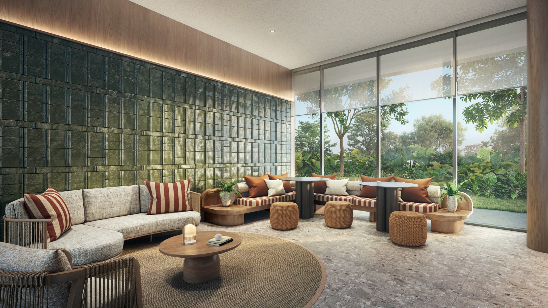 Social lounge with banquette seating and garden views at Thomson Reserve condominium