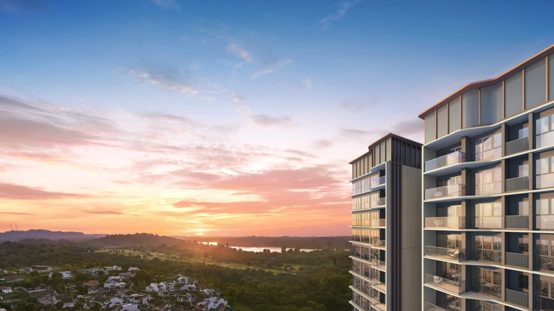 Sunset view over landed homes, greenery and reservoir from Thomson Reserve towers
