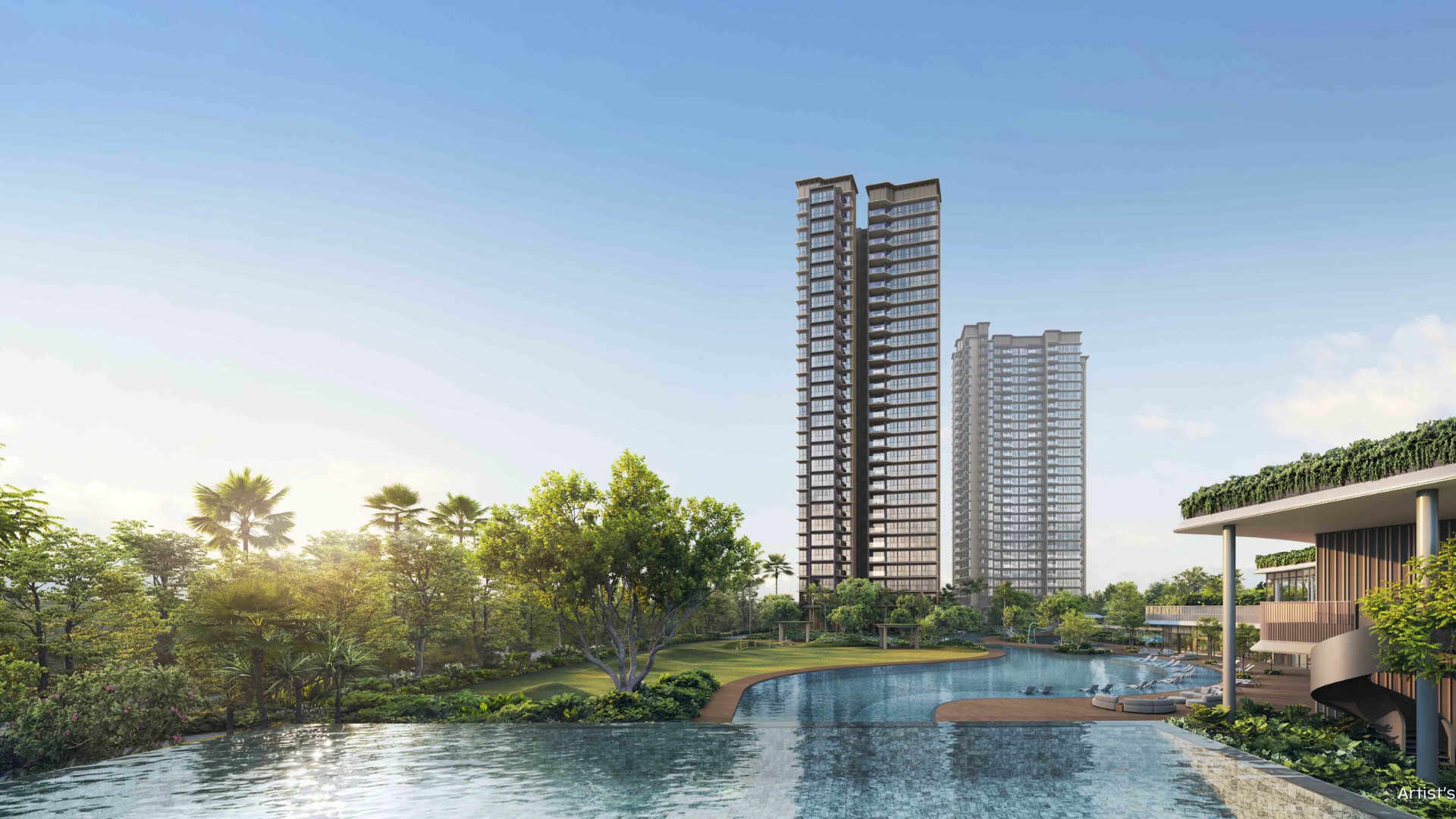 Thomson Reserve residential towers rising above pools and lush landscaping