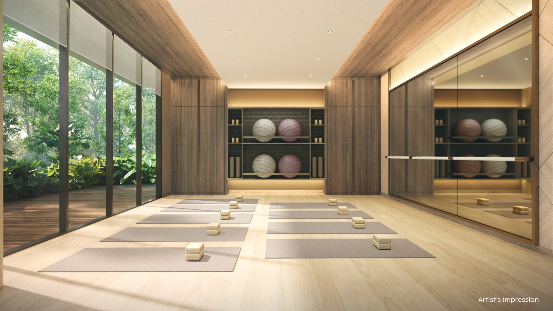 Wellness and yoga studio with mats and garden views at Thomson Reserve